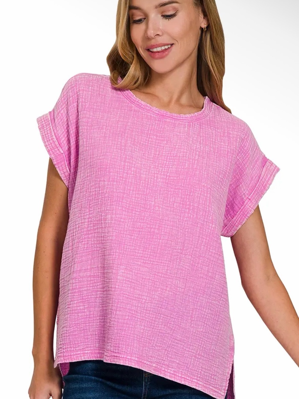 Zenana Candy Pink Short-Sleeve Gauze Hi-Low Top